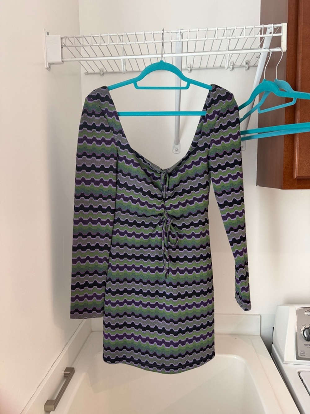 Zara Green and Purple Wave-Print Long Sleeve Mini Dress